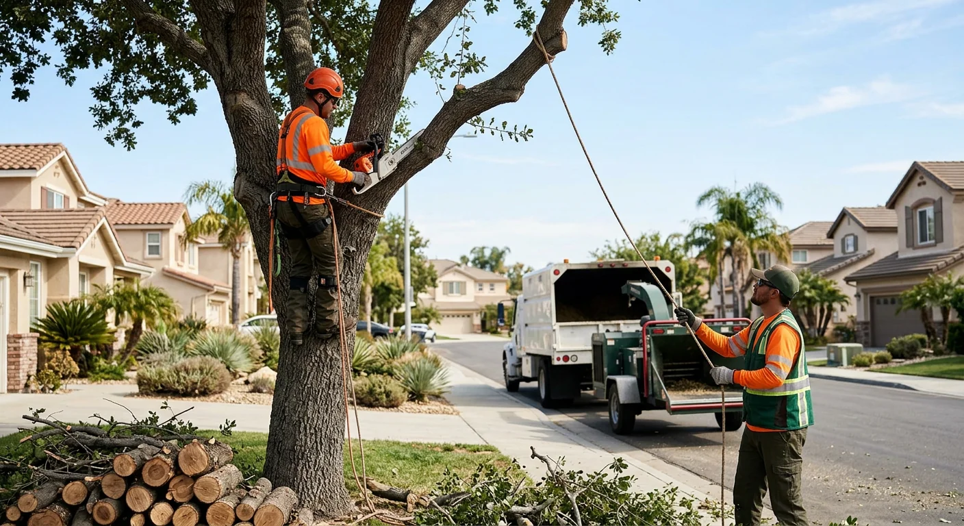 Chipper processing cleared brush during a property cleanup project in Moorpark
