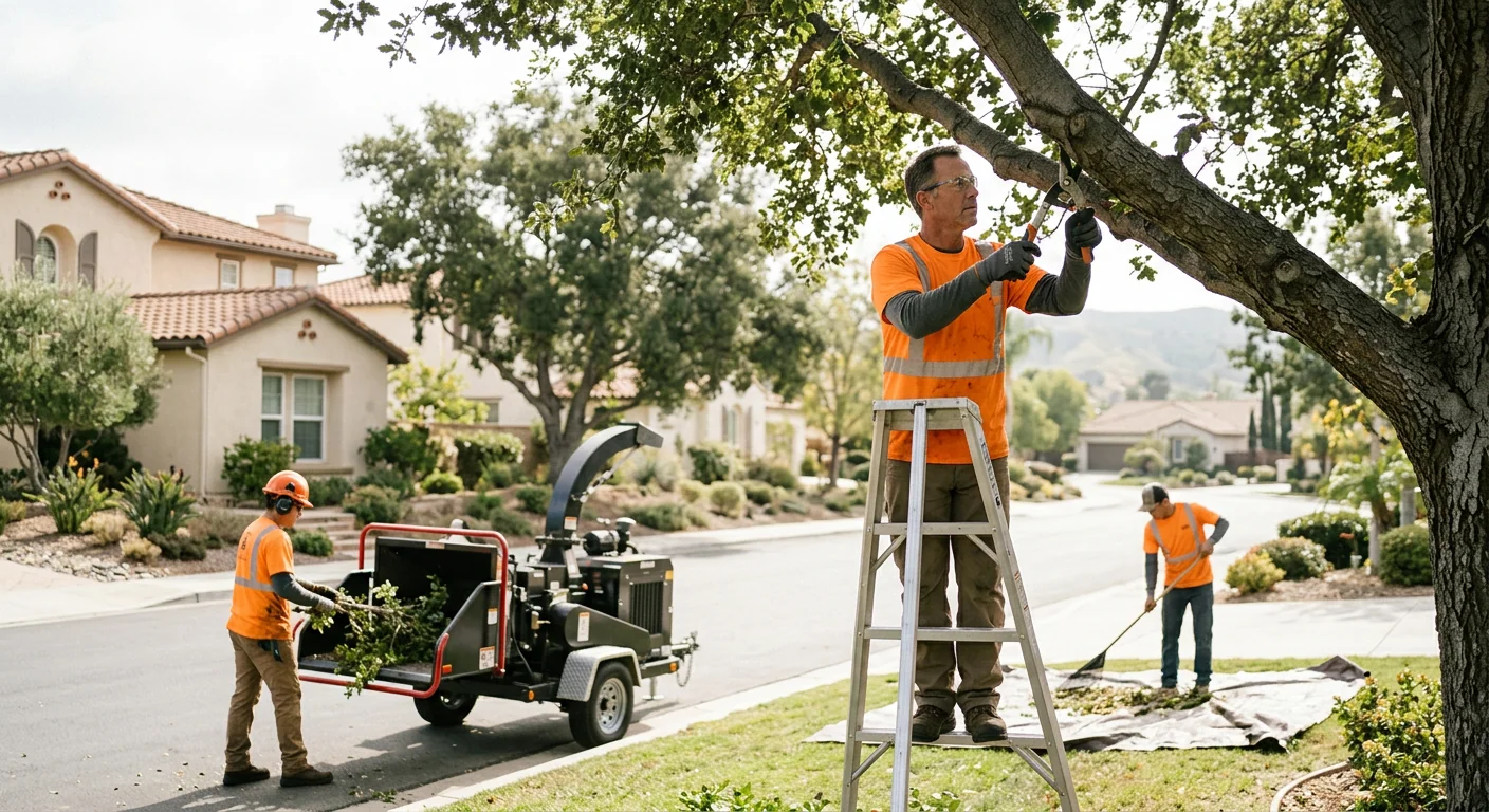 Crew reviewing crane placement and load points for tree removal in Moorpark