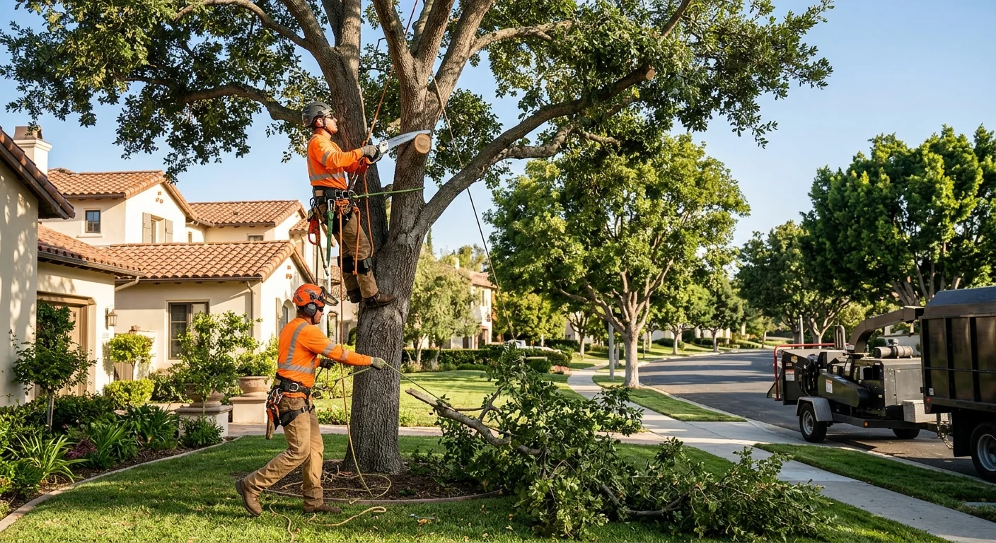 Crane lifting a large tree section over a Moorpark backyard during removal