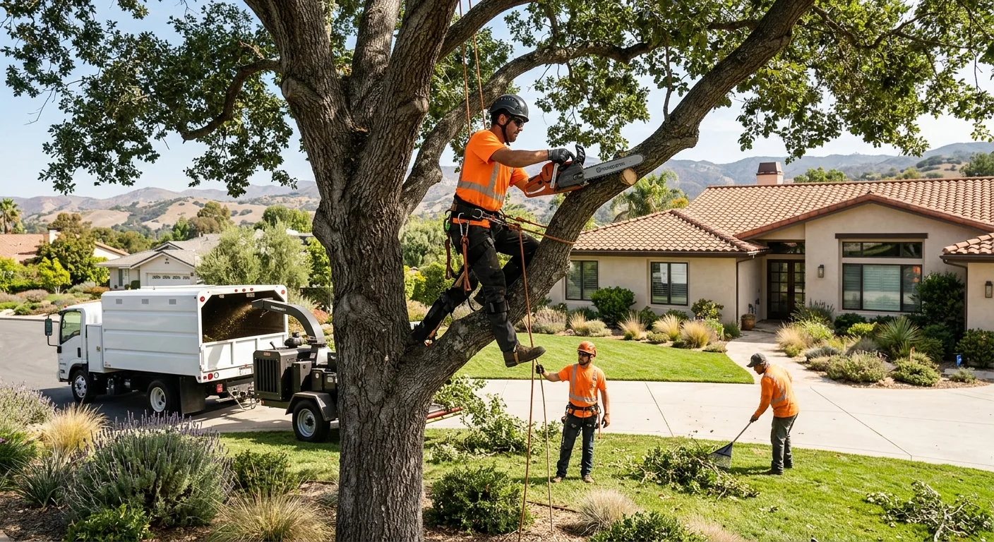 Arborist assessing a hazardous fallen tree for emergency removal in Moorpark