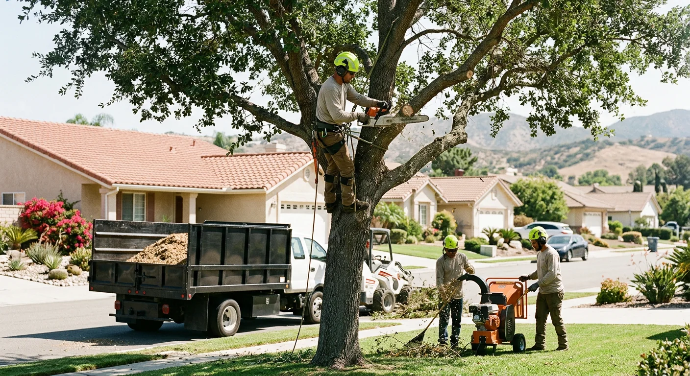 Tree crew using a crane to clear a storm-damaged tree in Moorpark
