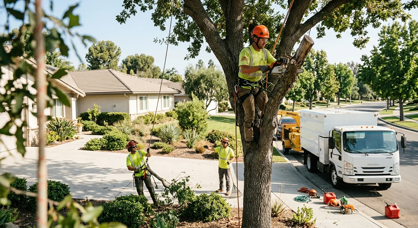 Crane and rigging setup used for hazardous tree removal on a tight Moorpark property