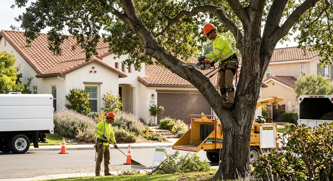Crew performing crane-assisted hazardous tree removal on a Moorpark residential property