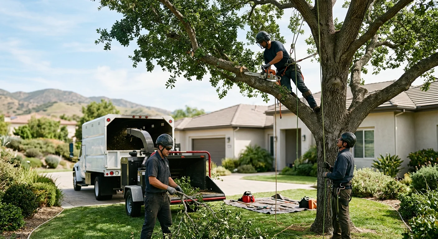 Arborist assessing storm-damaged tree debris to prepare a Moorpark cleanup estimate