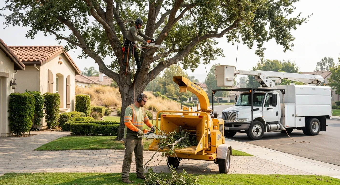 Crew clearing storm-damaged tree limbs from a Moorpark residential yard
