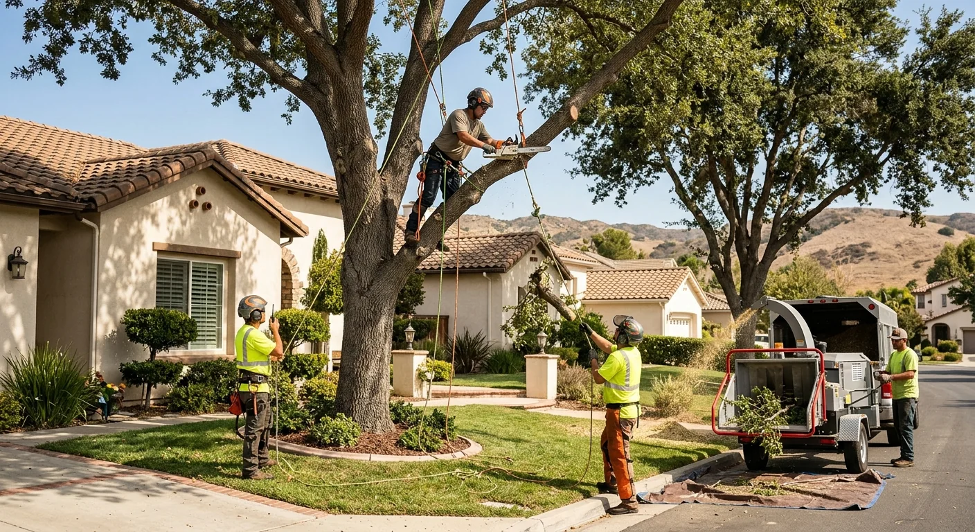 Steel cable and brace rod hardware supporting a large tree limb in Moorpark