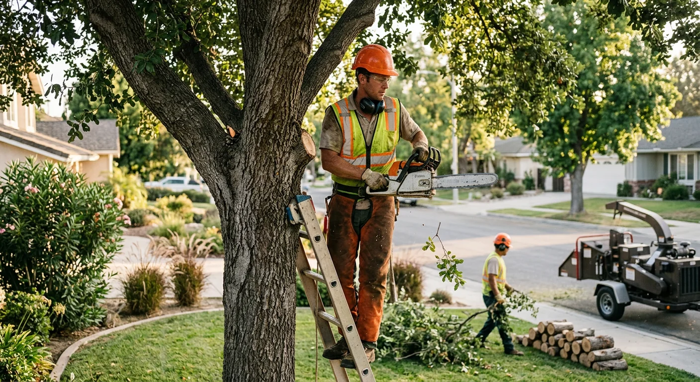 Arborist installing support cable in a mature tree canopy in Moorpark