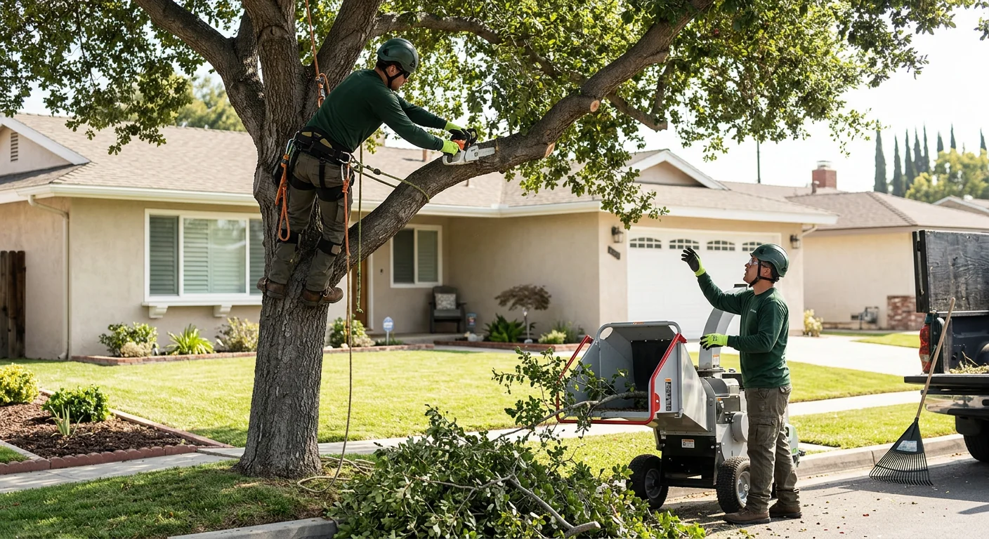 Crew planning a tree maintenance estimate beside a mature Moorpark property tree