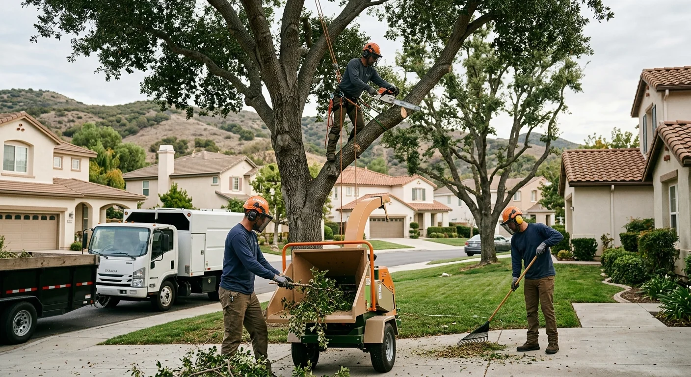 Arborist inspecting a healthy shade tree canopy in a Moorpark residential yard