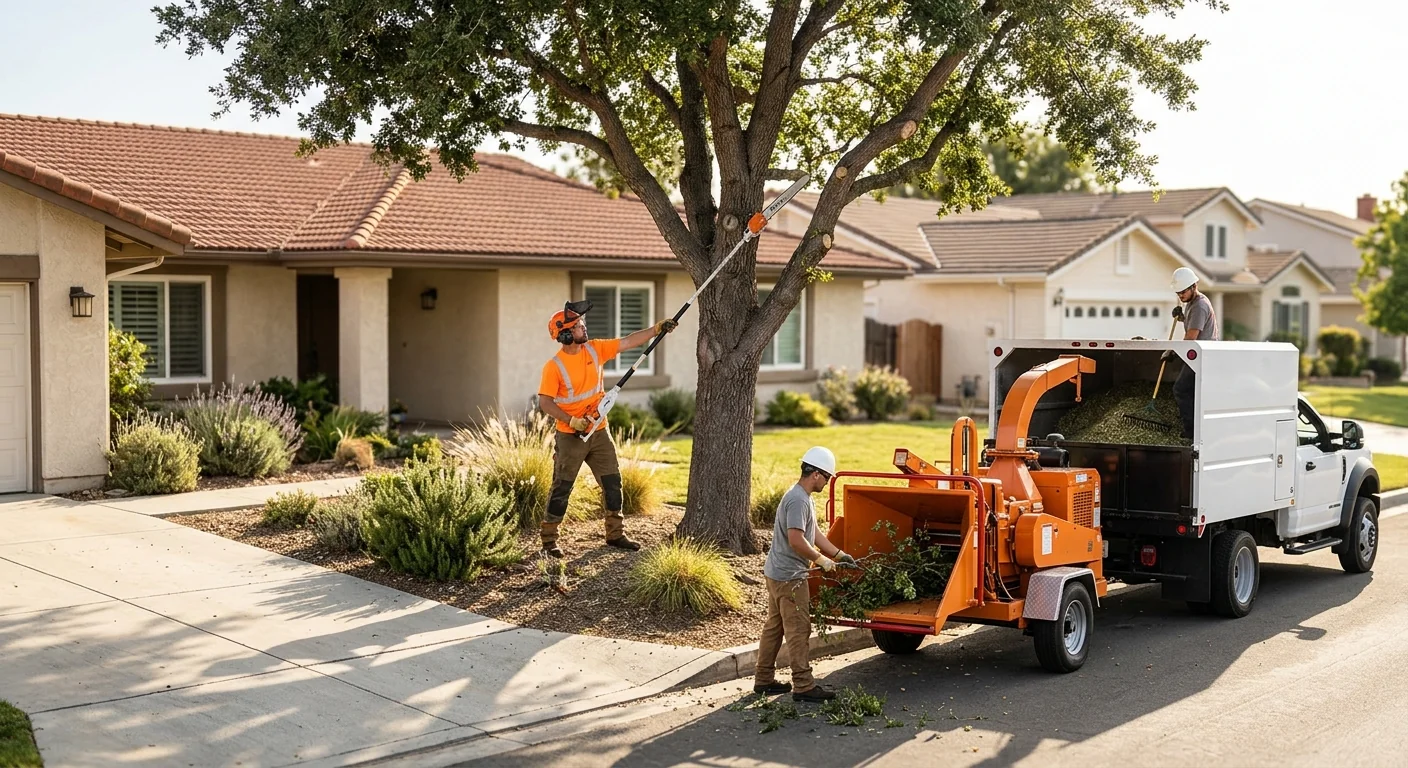 New trees staked and mulched along a Moorpark commercial property frontage