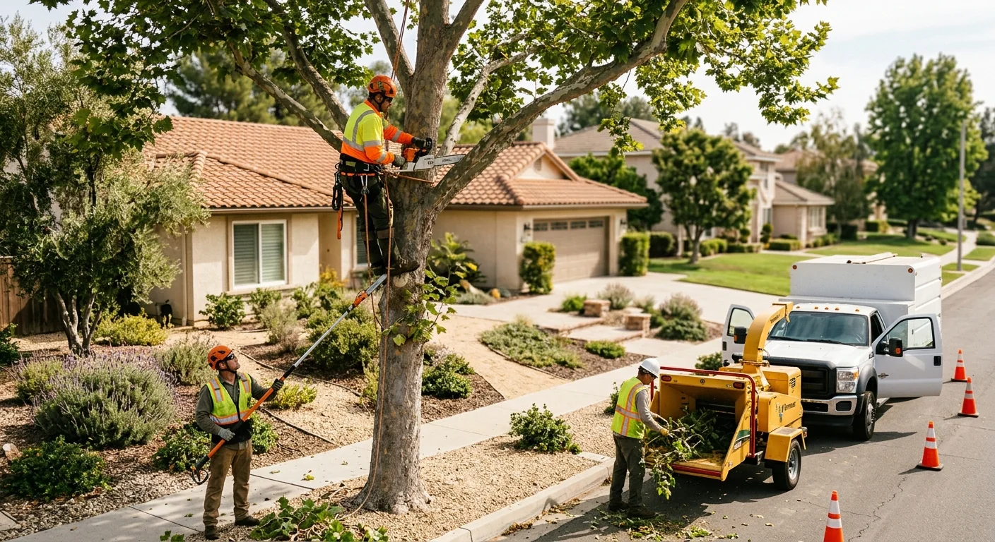 Crew planting a young tree in a landscaped Moorpark residential yard