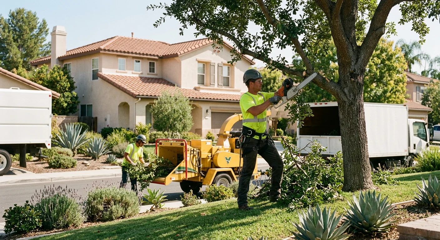 Crew assessing a mature tree canopy before pruning at a Moorpark property