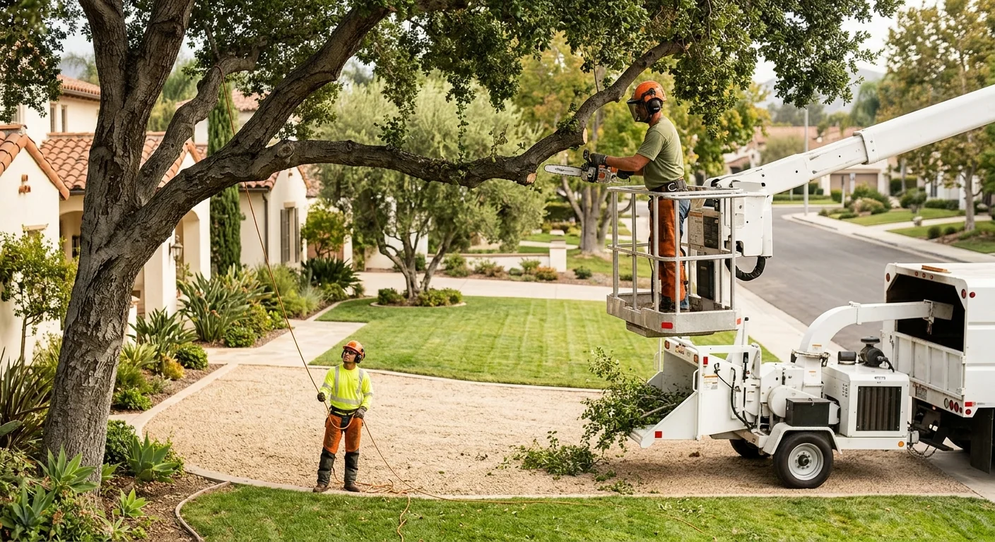 Arborist making precise pruning cuts on a shaped residential tree canopy in Moorpark