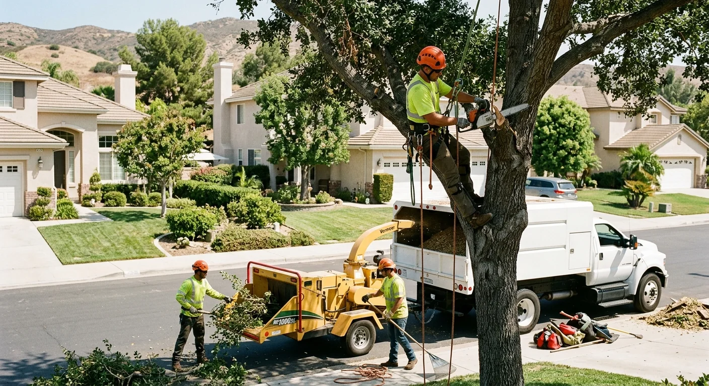Crane-assisted tree removal work in progress on a Moorpark property lot