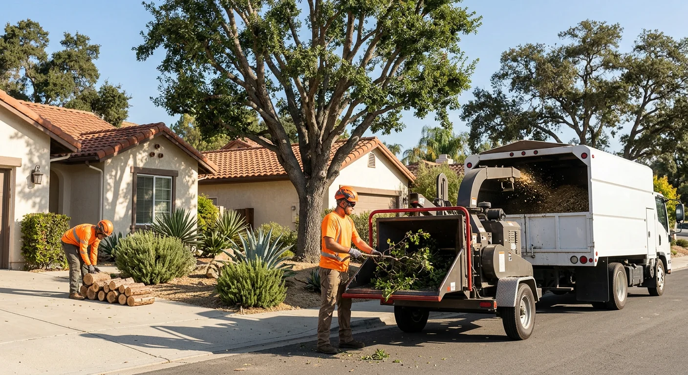 Crew performing controlled tree removal on a residential Moorpark property
