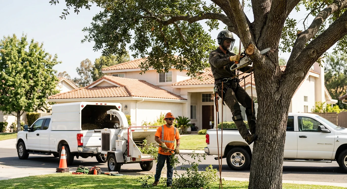 Arborist reviewing a tree risk report with a Moorpark homeowner in a shaded yard