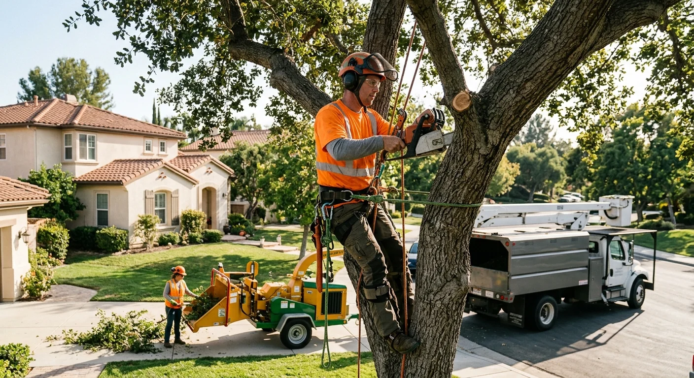 Arborist inspecting a mature tree canopy during a Moorpark risk assessment