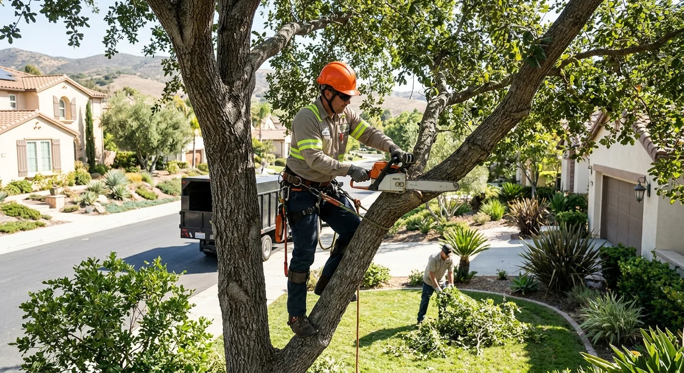 Tree service crew coordinating equipment for a scheduled removal in a Moorpark neighborhood