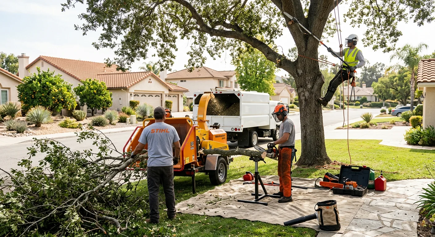 Arborist reviewing a written estimate with a homeowner beside a Moorpark residential yard