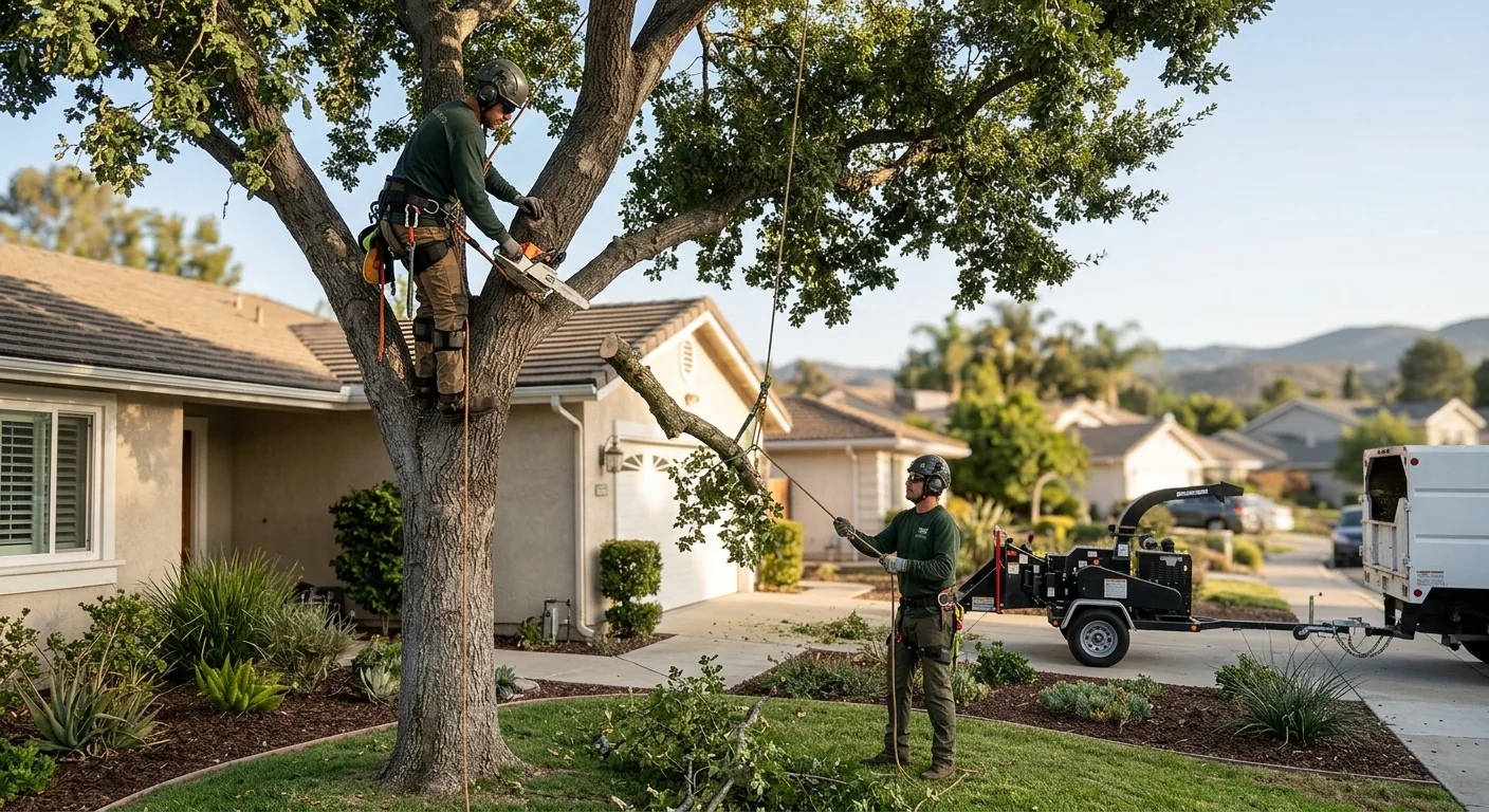 Arborist reviewing tree service questions with homeowner beside a shaded Moorpark yard