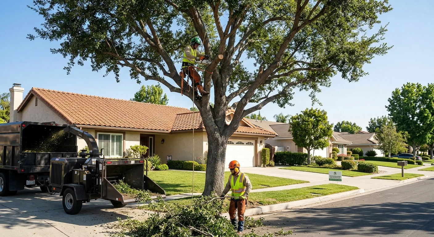 Tree service crew pruning canopy in a Moorpark residential neighborhood