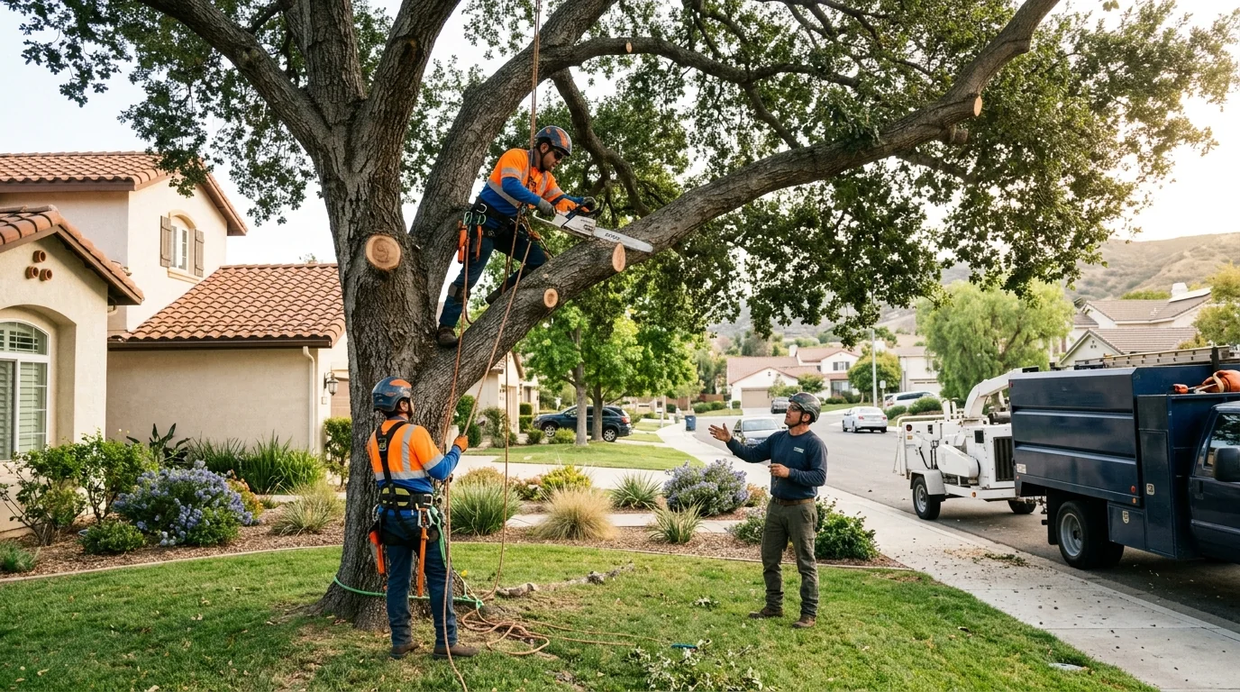 Split branch union on a mature tree showing storm-related structural weakness