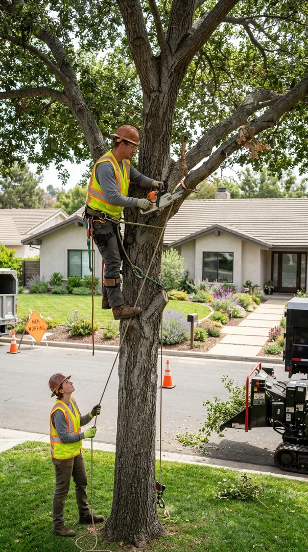 Arborist inspecting trunk decay and root zone on a Moorpark residential property during assessment