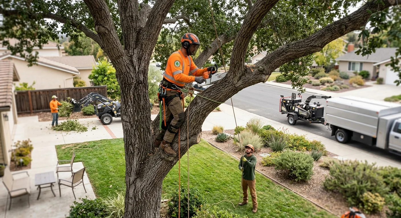 Certified crew performing crown reduction pruning on a mature oak in a Moorpark backyard