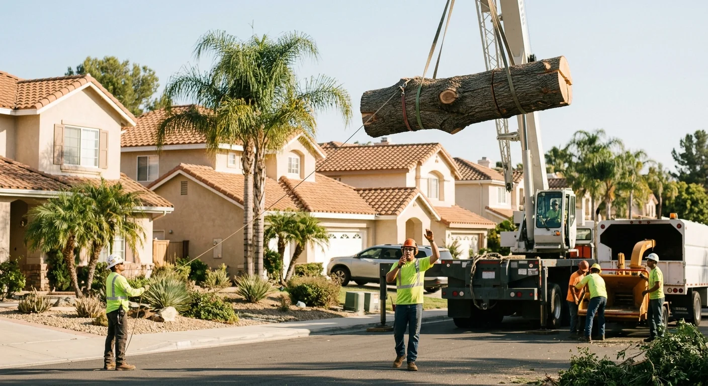 Crane lifting a large sectioned trunk over rooftops during a Moorpark tree removal