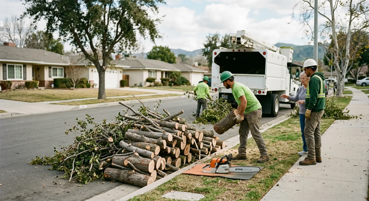 Storm-damaged limbs stacked roadside before cleanup along a suburban Moorpark street