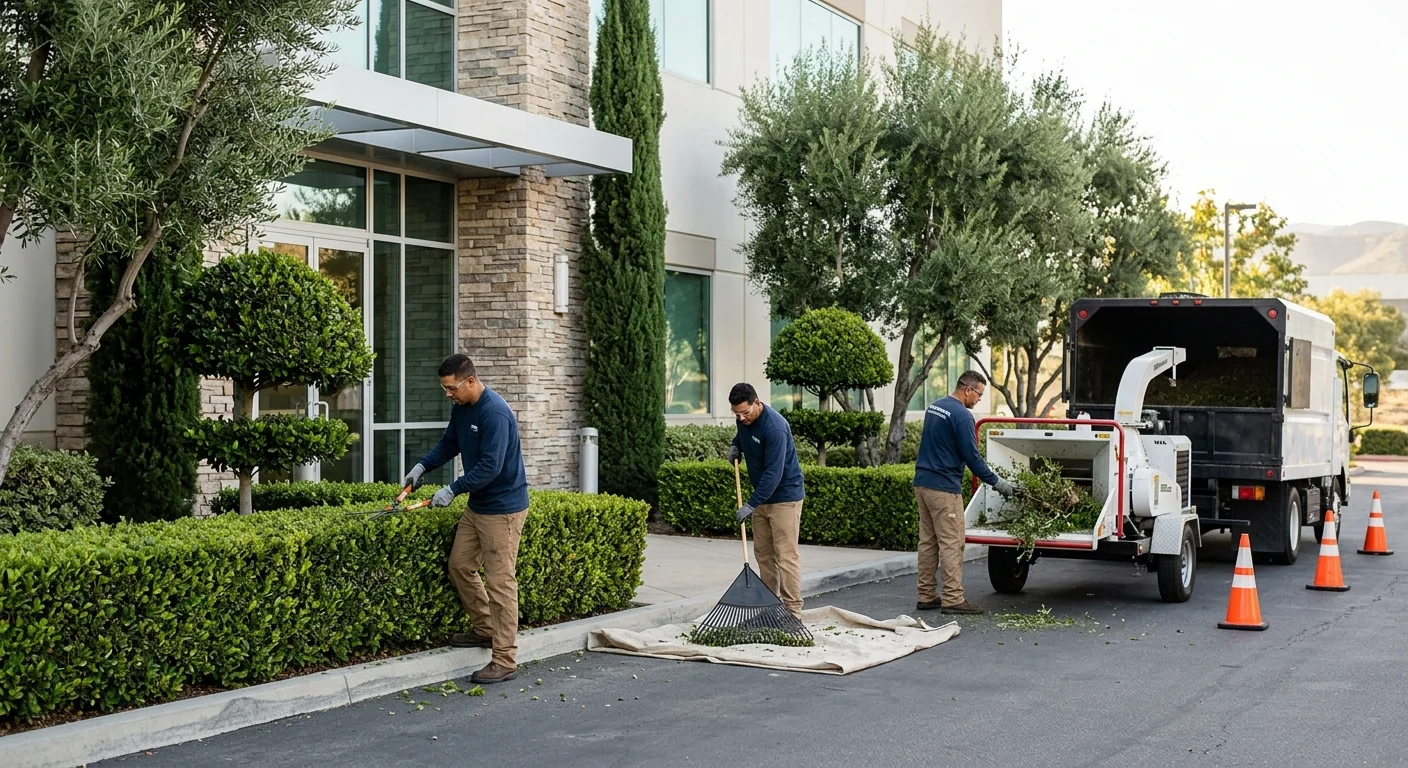 Freshly trimmed hedges and shaped trees framing a well-maintained commercial property entrance