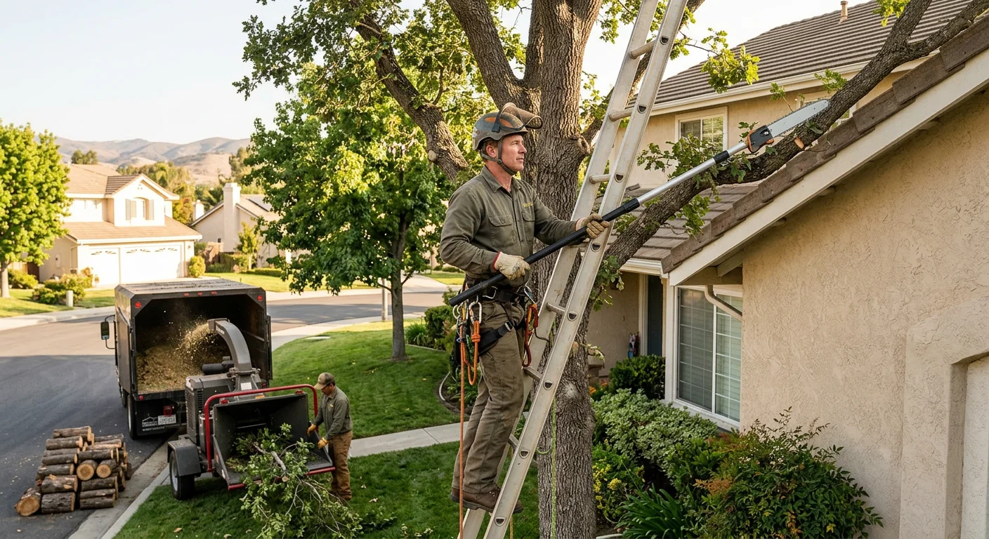 Tree crew in safety gear inspecting climbing equipment before pruning a Moorpark yard