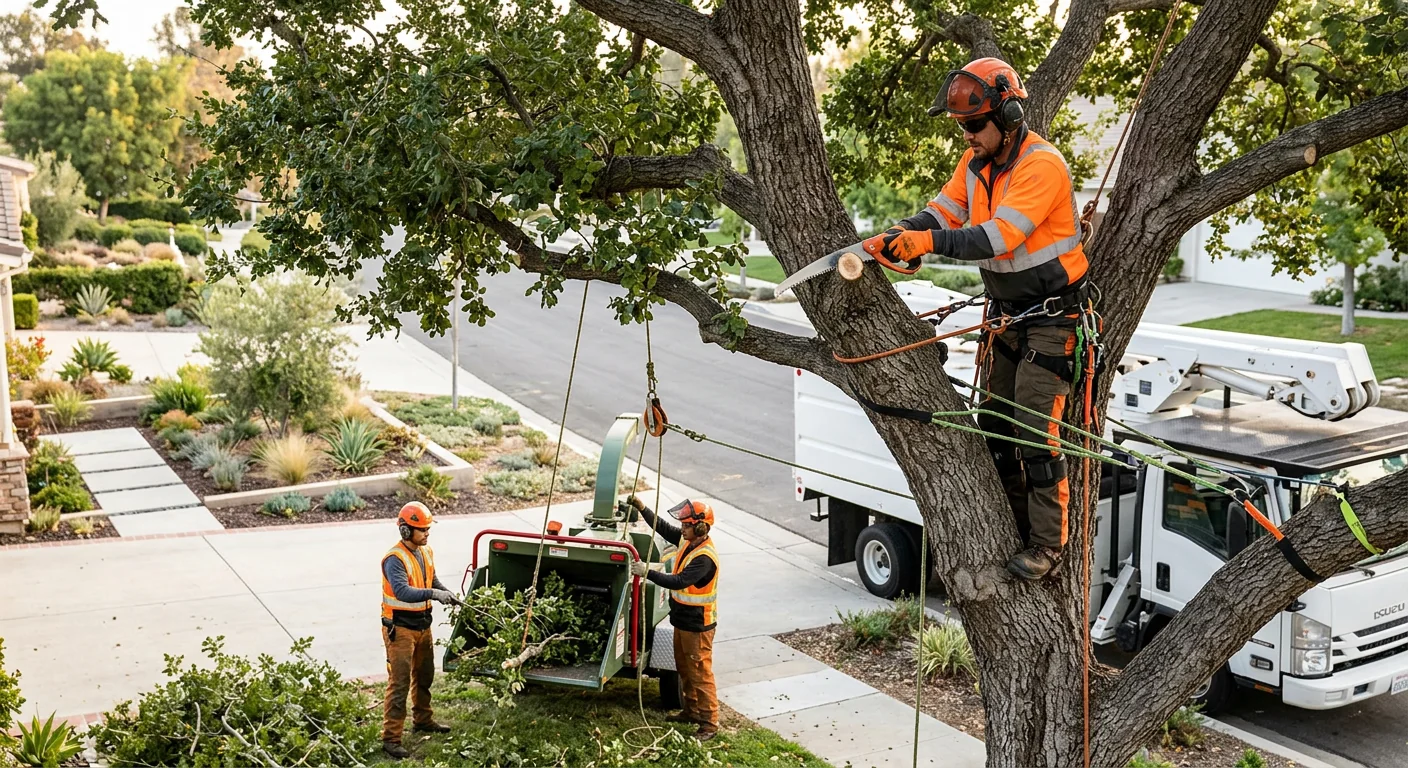 Tree service crew pruning a mature canopy on a residential Moorpark property