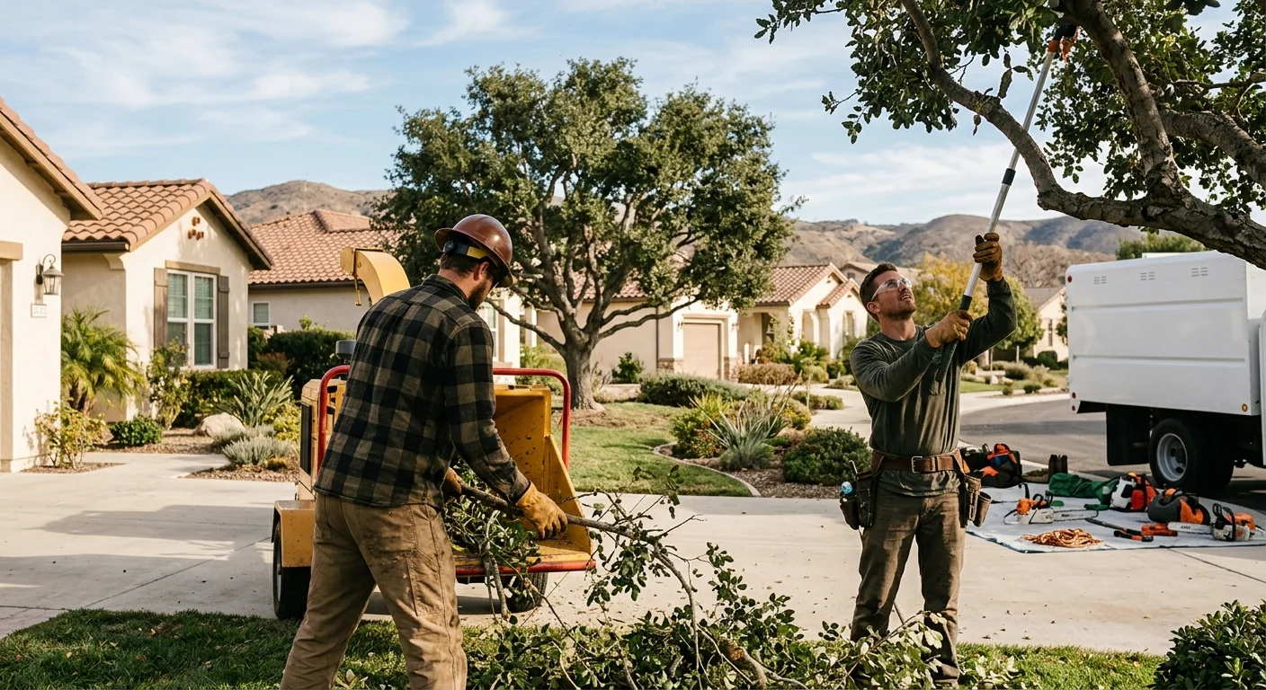 Crew reviewing a trimming estimate beside a large tree at a Moorpark property