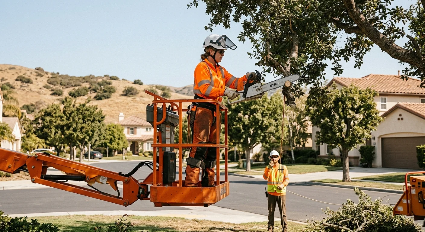 Arborist shaping a tree canopy during trimming service on a Moorpark property